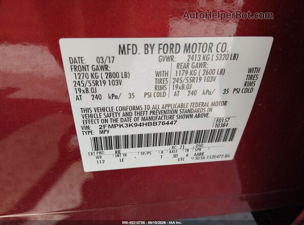 2FMPK3K94HBB76447 2017 FORD EDGE Red Widok komory silnika