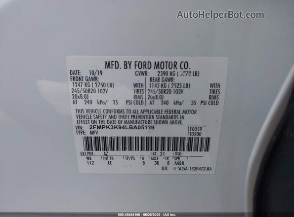 2FMPK3K94LBA05139 2020 FORD EDGE White Engine compartment view