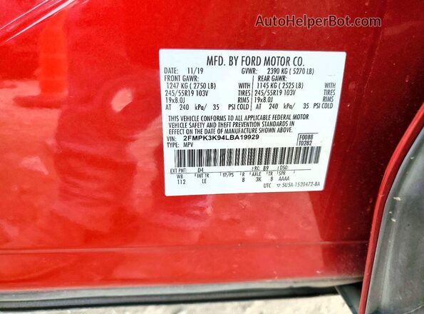 2FMPK3K94LBA19929 2020 FORD EDGE Red Engine compartment view