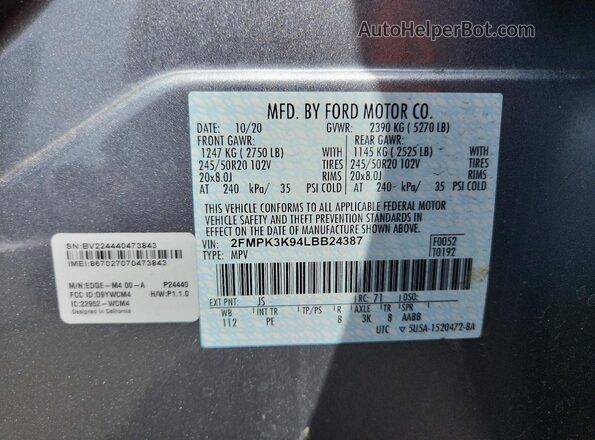 2FMPK3K94LBB24387 2020 FORD EDGE Silver Widok wnętrza 360 stopni