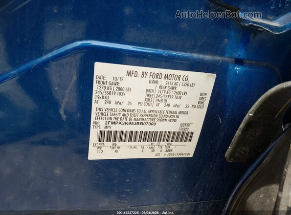 2FMPK3K95JBB07000 2018 FORD EDGE Синий Вид подкапотного пространства