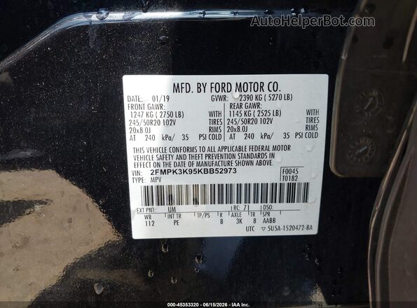 2FMPK3K95KBB52973 2019 FORD EDGE Черный Вид подкапотного пространства