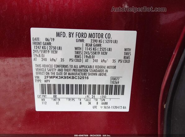 2FMPK3K95KBC32516 2019 FORD EDGE Red Vista del compartimento del motor