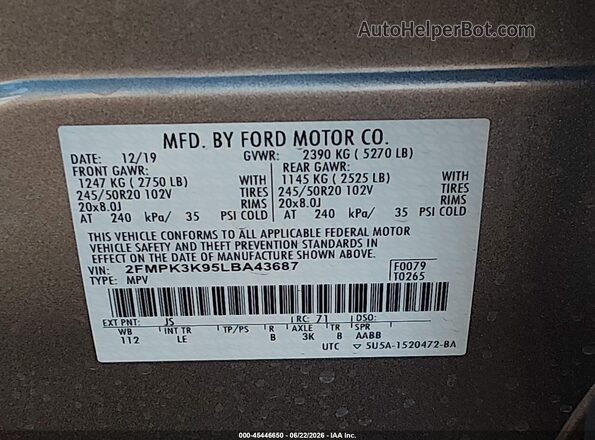 2FMPK3K95LBA43687 2020 FORD EDGE Silver Շարժիչի բաժամունքի տեսք