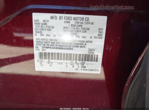 2FMPK3K95MBA39592 2021 FORD EDGE Burgundy Widok komory silnika