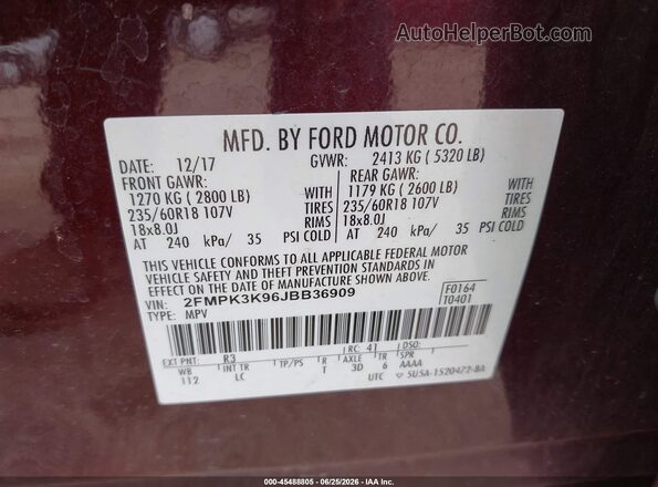 2FMPK3K96JBB36909 2018 FORD EDGE Purple Widok komory silnika