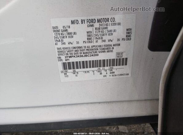 2FMPK3K96JBC24200 2018 FORD EDGE White 