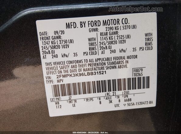 2FMPK3K96LBB31521 2020 FORD EDGE Black Widok komory silnika