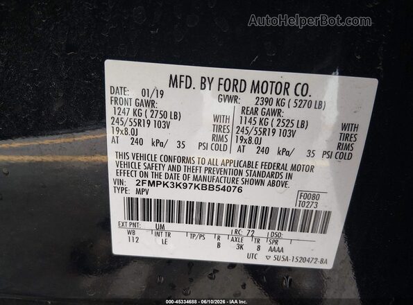 2FMPK3K97KBB54076 2019 FORD EDGE Black Vista del compartimento del motor