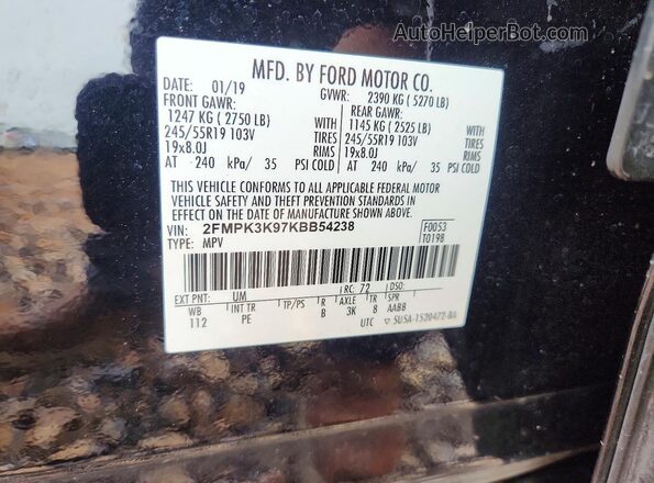 2FMPK3K97KBB54238 2019 FORD EDGE Black VIN sticker view