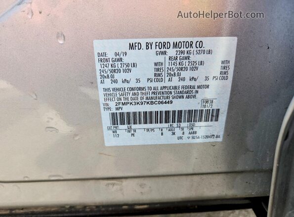2FMPK3K97KBC06449 2019 FORD EDGE Silver 