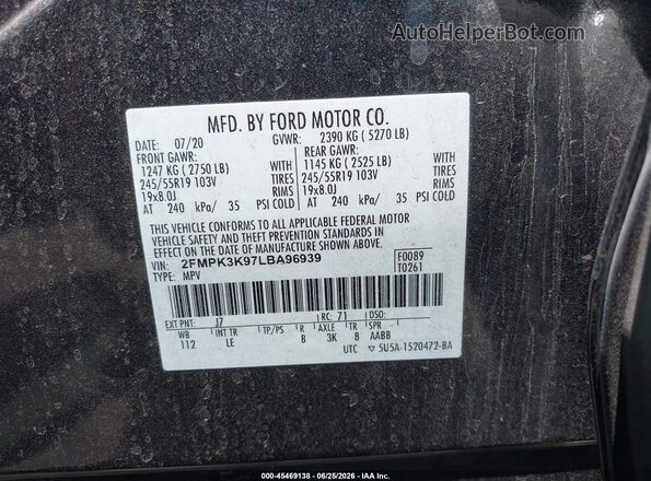2FMPK3K97LBA96939 2020 FORD EDGE Gray Widok komory silnika
