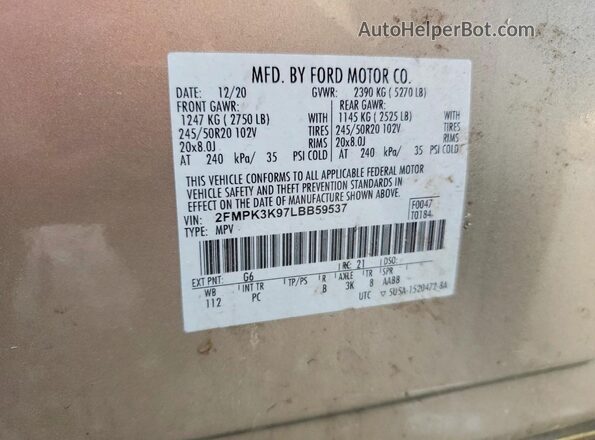 2FMPK3K97LBB59537 2020 FORD EDGE Beige VIN կոդի պիտակի տեսք
