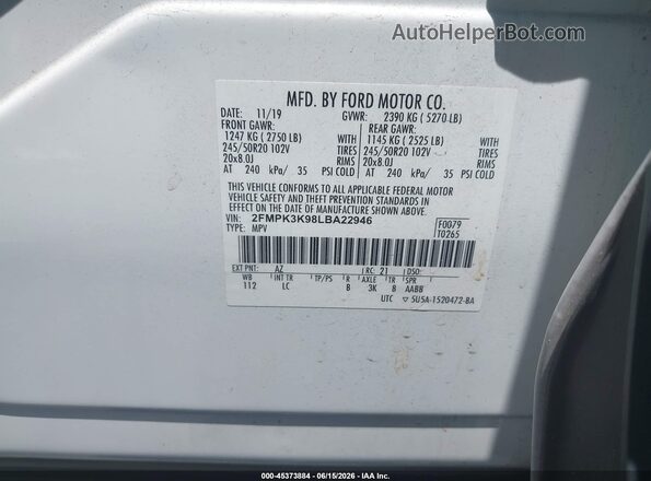 2FMPK3K98LBA22946 2020 FORD EDGE White ძრავის განყოფილების ხედი