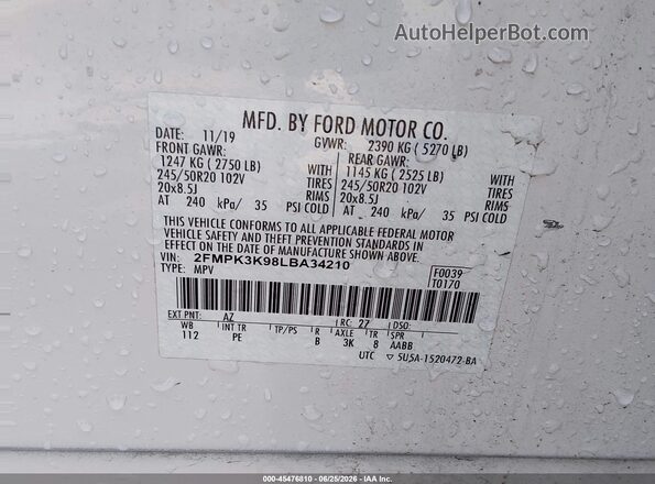 2FMPK3K98LBA34210 2020 FORD EDGE White ძრავის განყოფილების ხედი