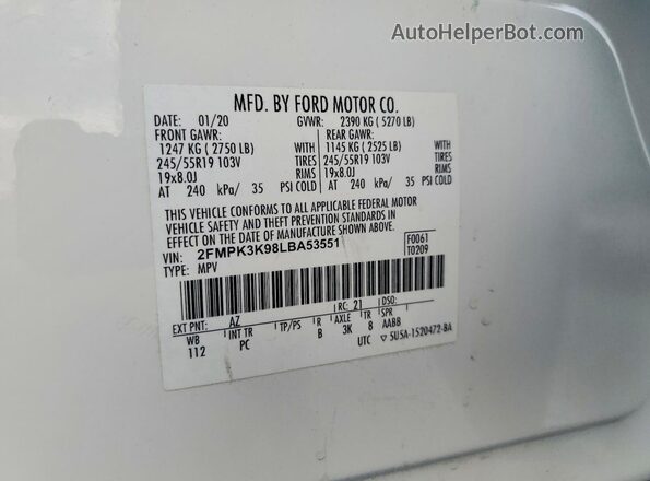 2FMPK3K98LBA53551 2020 FORD EDGE White Widok naklejki z numerem VIN