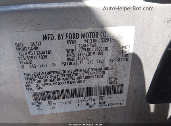 2FMPK3K9XHBB98663 2017 FORD EDGE Silver Widok komory silnika