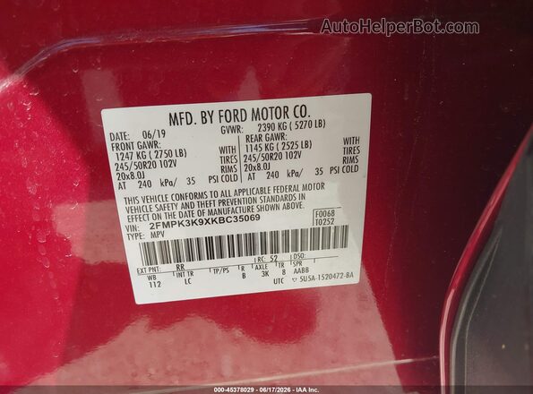 2FMPK3K9XKBC35069 2019 FORD EDGE Red Вид підкапотного простору
