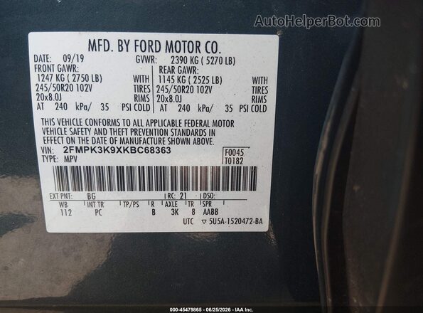 2FMPK3K9XKBC68363 2019 FORD EDGE Blue Vista del compartimento del motor