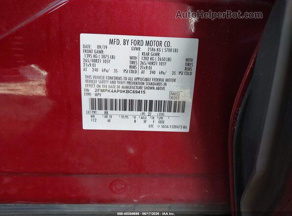2FMPK4AP0KBC69415 2019 FORD EDGE Red Widok komory silnika
