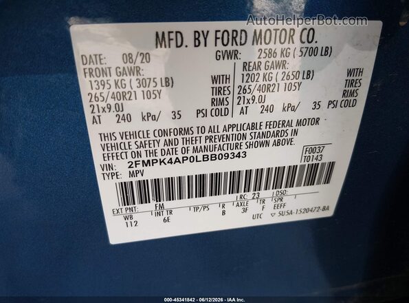 2FMPK4AP0LBB09343 2020 FORD EDGE Blue Widok komory silnika
