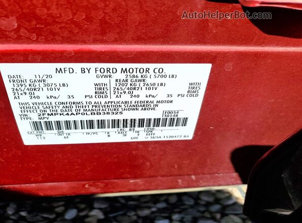 2FMPK4AP0LBB38325 2020 FORD EDGE Red Սալոնի 360 աստիճան տեսք