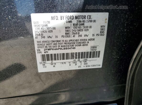 2FMPK4AP0LBB54749 2020 FORD EDGE Gray 360 interior view