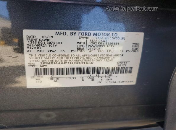 2FMPK4AP1KBC01656 2019 FORD EDGE Gray Vista del compartimento del motor