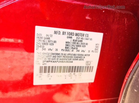 2FMPK4AP2NBA56244 2022 FORD EDGE Red Vista de la etiqueta del VIN