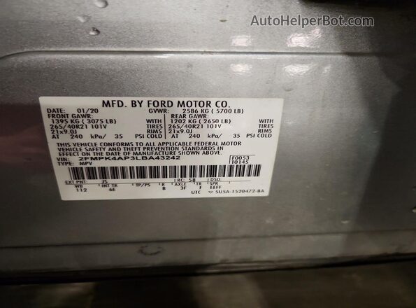 2FMPK4AP3LBA43242 2020 FORD EDGE Серебряный Вид наклейки с VIN-кодом
