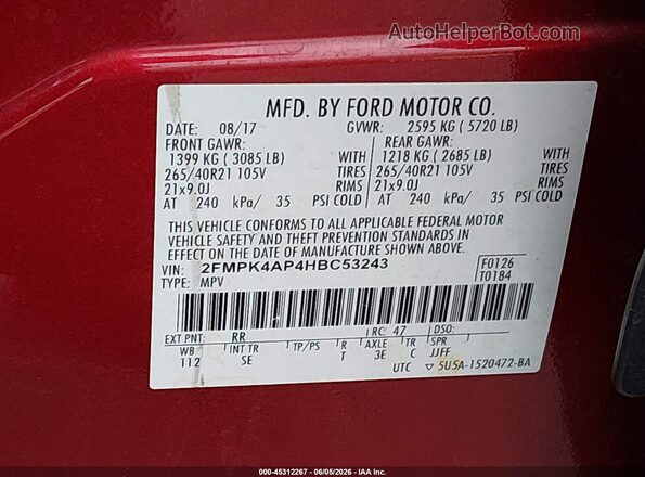 2FMPK4AP4HBC53243 2017 FORD EDGE Red Вид підкапотного простору
