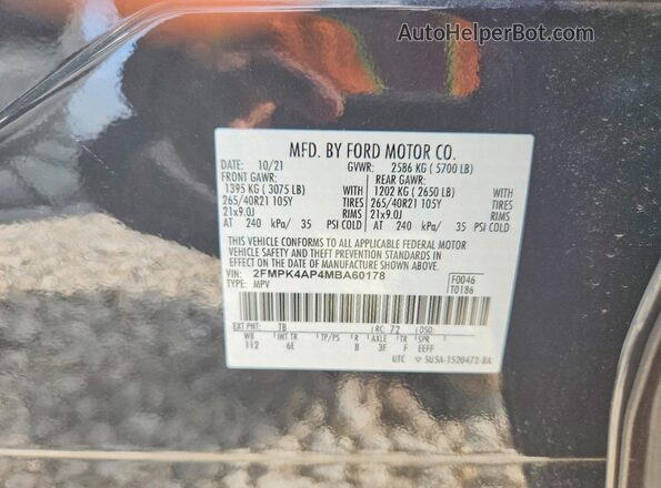 2FMPK4AP4MBA60178 2021 FORD EDGE Gray VIN կոդի պիտակի տեսք
