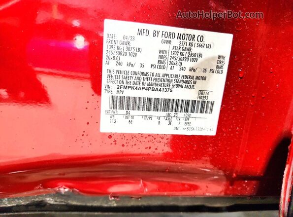 2FMPK4AP4PBA41375 2023 FORD EDGE Red VIN կոդի պիտակի տեսք