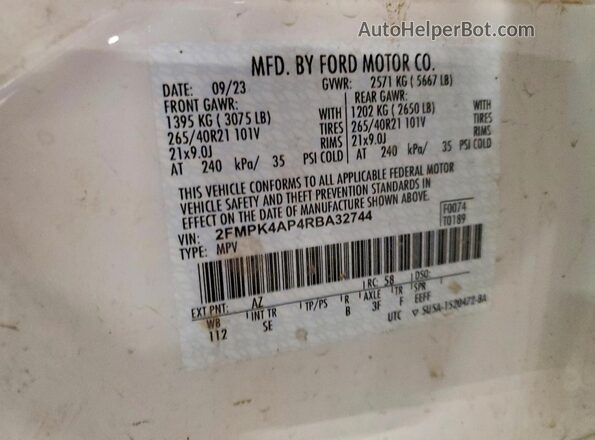 2FMPK4AP4RBA32744 2024 FORD EDGE White Vista interior de 360 grados