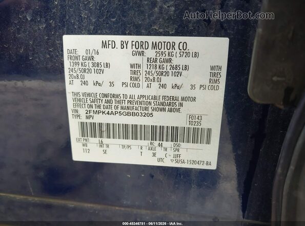 2FMPK4AP5GBB03205 2016 FORD EDGE Blue Вид підкапотного простору