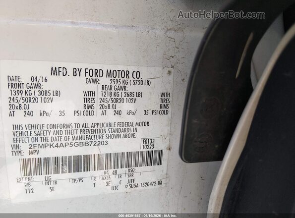 2FMPK4AP5GBB72203 2016 FORD EDGE White Vista del compartimento del motor
