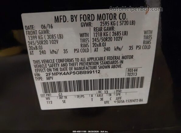 2FMPK4AP5GBB99112 2016 FORD EDGE Black ძრავის განყოფილების ხედი