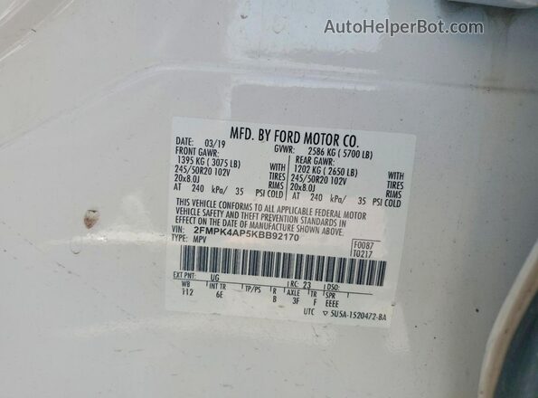 2FMPK4AP5KBB92170 2019 FORD EDGE White 