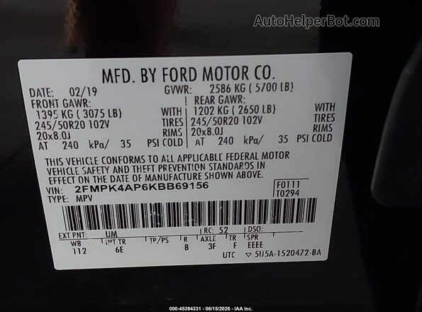 2FMPK4AP6KBB69156 2019 FORD EDGE Black Engine compartment view