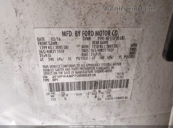 2FMPK4AP7GBB52518 2016 FORD EDGE Белый Вид подкапотного пространства