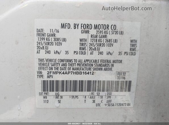 2FMPK4AP7HBB16412 2017 FORD EDGE White Engine compartment view
