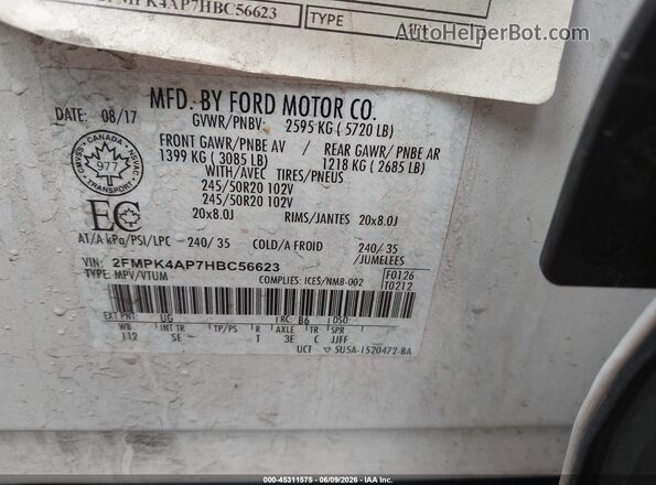 2FMPK4AP7HBC56623 2017 FORD EDGE White Widok komory silnika
