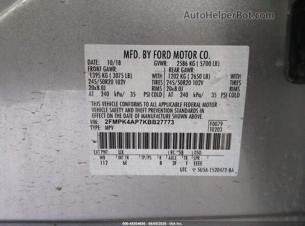 2FMPK4AP7KBB27773 2019 FORD EDGE Gray Vista del compartimento del motor