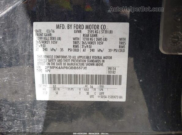 2FMPK4AP8GBB55735 2016 FORD EDGE Black Widok komory silnika