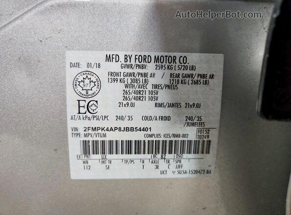 2FMPK4AP8JBB54401 2018 FORD EDGE Silver 