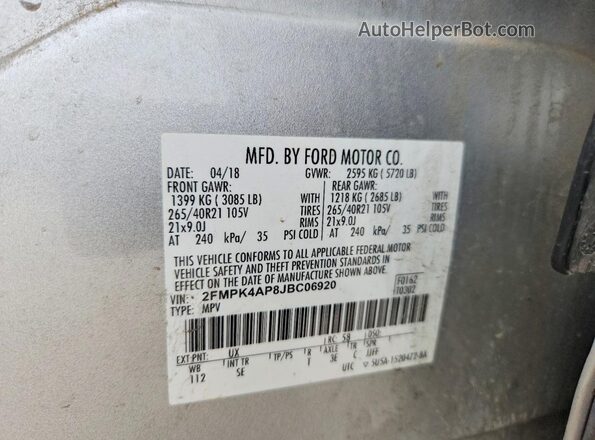 2FMPK4AP8JBC06920 2018 FORD EDGE Silver VIN sticker view