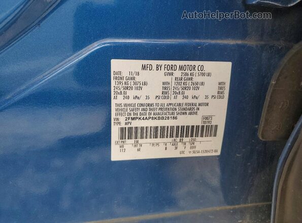 2FMPK4AP8KBB28186 2019 FORD EDGE Синий Вид наклейки с VIN-кодом