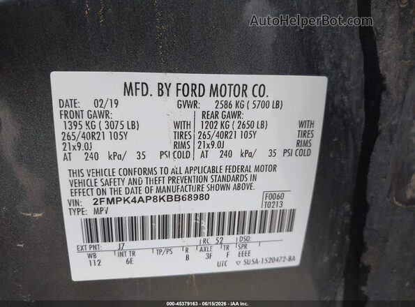 2FMPK4AP8KBB68980 2019 FORD EDGE Gray Շարժիչի բաժամունքի տեսք