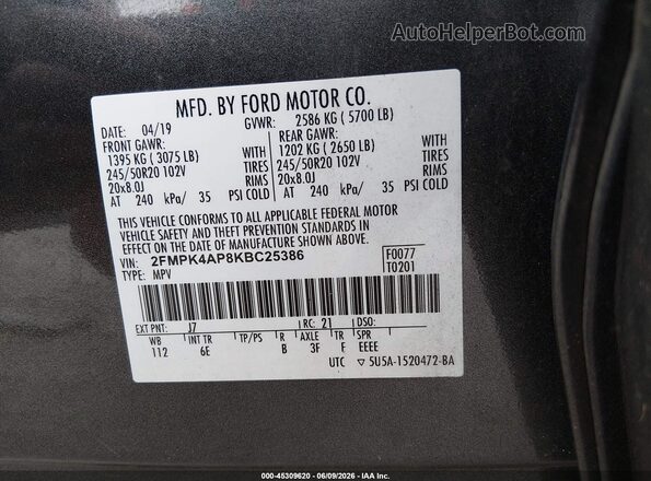 2FMPK4AP8KBC25386 2019 FORD EDGE Черный Вид подкапотного пространства