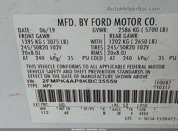 2FMPK4AP8KBC35559 2019 FORD EDGE White Engine compartment view